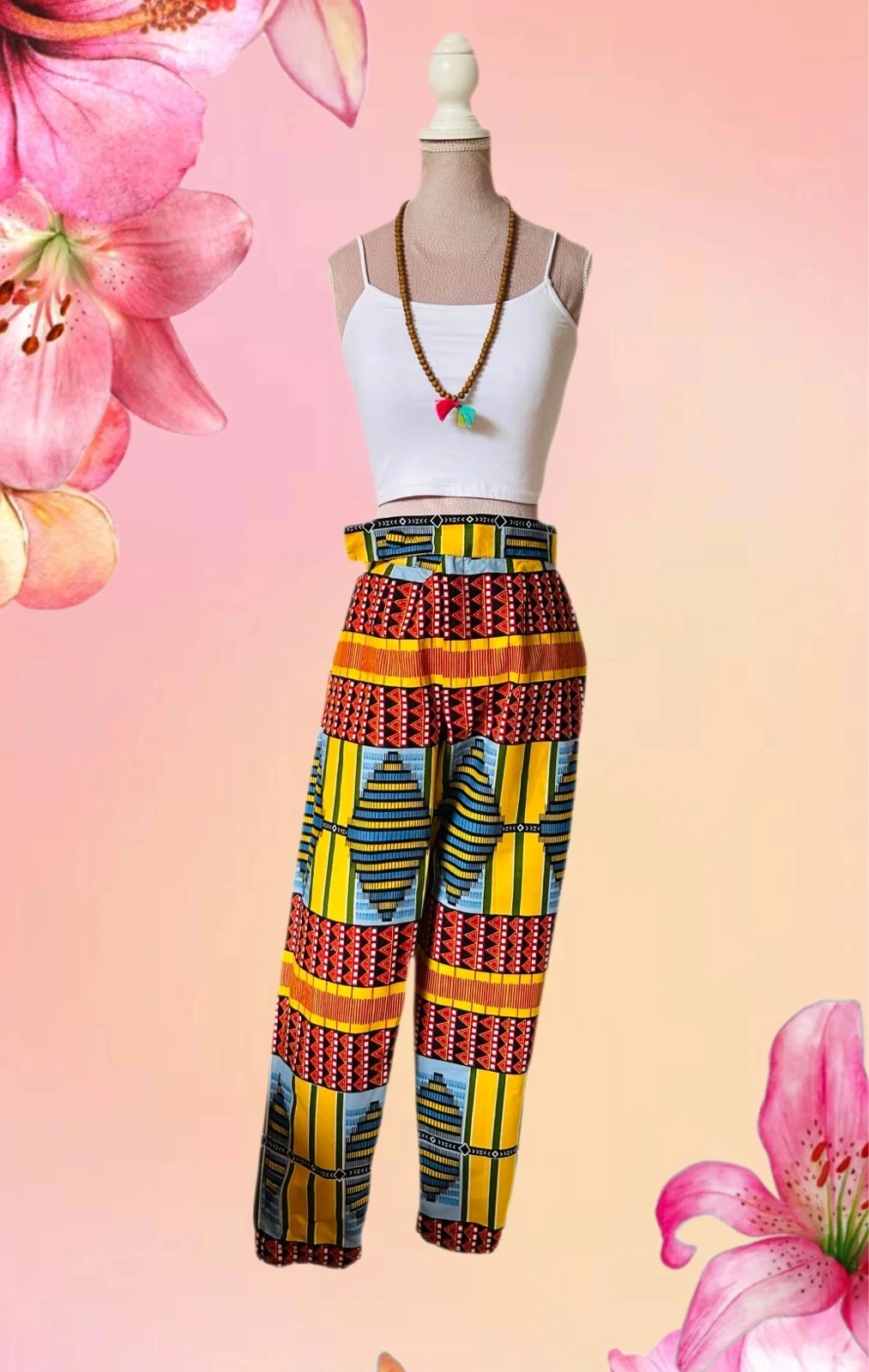 🧡🌈Pantalon Coton Wax Africain Artisanal Ethnic Boho Festival Pants Afro Chic Handmade 42/44💛🌈